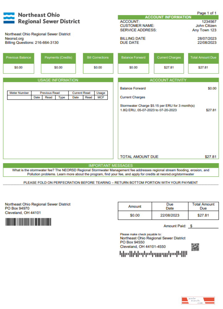 USA Northeast Ohio Regional Sewer District utility bill Word and PDF template